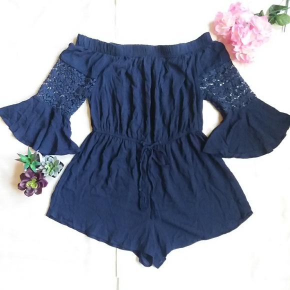 hint of blush Pants - Blue romper off the shoulders with bell sleeves